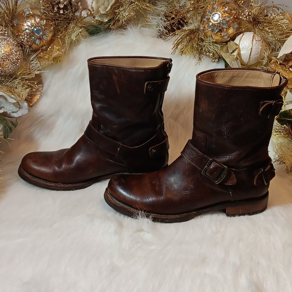 Frye Women Rustic Brown Leather Harness Biker Motorcycle Boots Size 8B - Picture 2 of 13